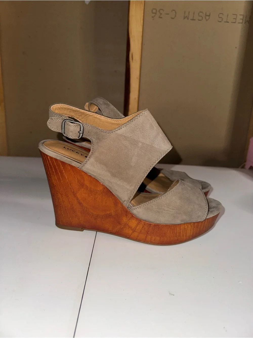 Lucky Brand Taupe Suede Wedge Sandals with Wooden Platform